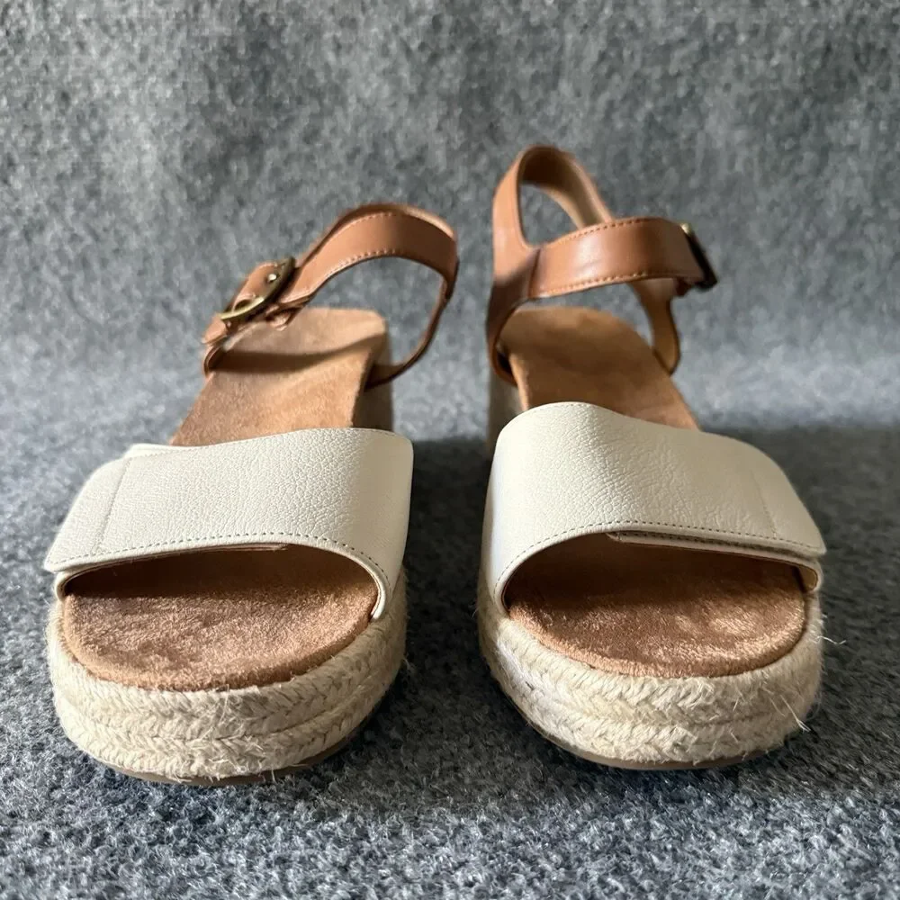 Vionic Sable Brown White Leather Espadrille Wedge Sandals Womens 9 Boho Comfort